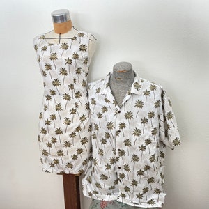 His and Hers 1980s Hawaiian Shirts. KY brand. Size 2X Cotton. Coconut Buttons. Classic Hawaiian vintage duo. Palm trees. Green and white.