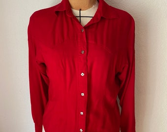 Vintage Rayon Red 90s Western Button Down Shirt with embellished sleeves and fancy silver toned buttons. Prairie Girl look by adobe rose