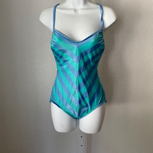 Teal and blue striped chevron style JC Penney Cotton Blend 1970s/1980s swimwear. Size 12 or M cute Land&#39;s end groovy vintage one piece suit