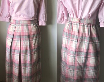 Jupe en laine pastel vintage sz 12. Jupe évasée. Jupe trapèze. Jaclyn Smith. Jupe Mod Retro en laine. Des hommes fous. Preppy. Vêtements d'école. Plaid rose