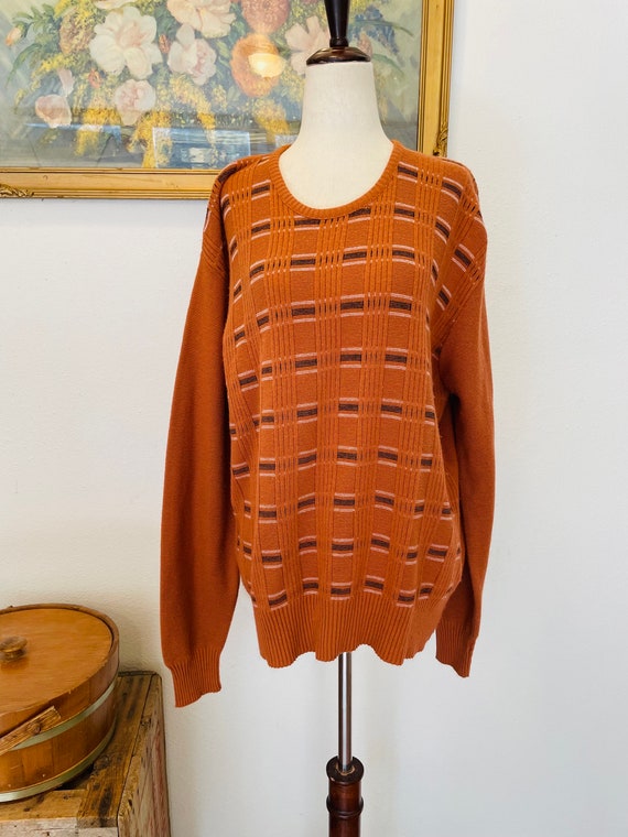 Men's 1970s burnt orange pullover sweater. Academ… - image 9