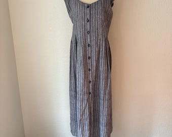 Vintage 1980's Plus size 2X smock or pinafore dress. Linen/cotton. Dark blue.