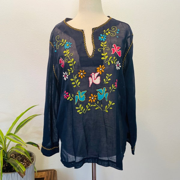 Vintage size L boho sheer blue 1970’s floral bird embroidered peasant blouse. Made in Mexico.  Mexican Embroidered Shirt. Peasant Blouse.
