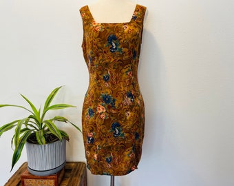 vintage S Classic 1990s Floral Rayon Mini robe. Court. De couleur marron et bleu. Style grunge. Vampire. Dramatique.Knapp Studio.ceinturé. couleur d'or