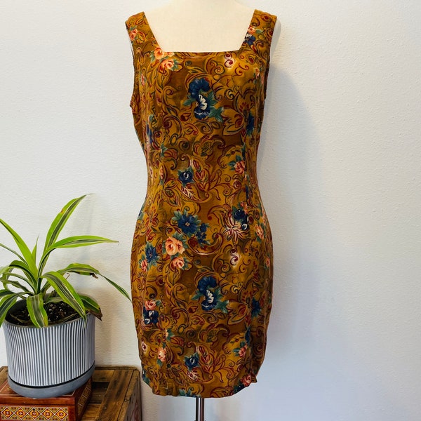 Vintage S Classic 1990s Floral Rayon Mini dress. Short. Brown and blue colored. Grunge style. Vampy. Dramatic.Knapp Studio.belted. gold colo