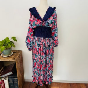 1980s Diane Freis Designer dress with mixed patterns, balloon sleeves, ruched waist and wrap bodice. Georgette. With scarf. Amazing gown image 2