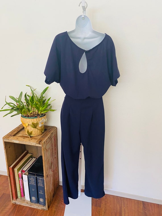 Navy Blue early 1980s jumpsuit. One piece poly ro… - image 3