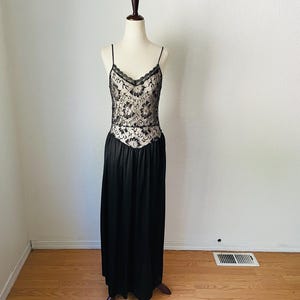 Full Skirted 1980s  drop waist illusion bust black nylon nightie. Princess nightie. feminine draping nightgown with extra long boudoir gown