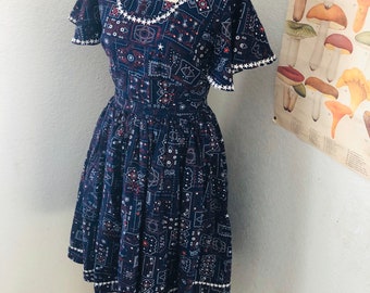 Handmade Cowboy novelty print skirt set. 1980s. Cotton Two Piece Set. Squaredancing