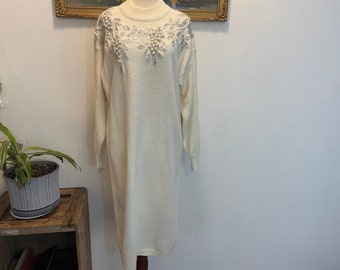 Vintage size large beaded and cream knit Sweater Dress. beige. Midi Length. Classic 1980’s Designer style.Classic old money look dress.