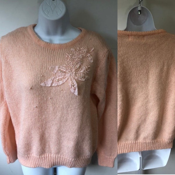 Vtg sz M 1980's does 1950's Pretty in Pink Mohair Like Bulky Pullover. Bold Oversized Sweater. Dropped Shoulders. Classic Beaded Pink Sweate