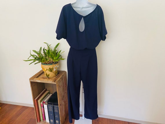 Navy Blue early 1980s jumpsuit. One piece poly ro… - image 2