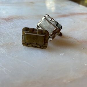 Gold toned rectangular men&#39;s mid century cufflinks. Formal suit. Classic 1960s lookbook. Pair of classic cufflinks. Perfect present for dad