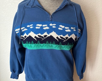 Jersey vintage talla XL con panel de punto con estampado de montañas. Sudadera kitsch. Grande Ronde Knits