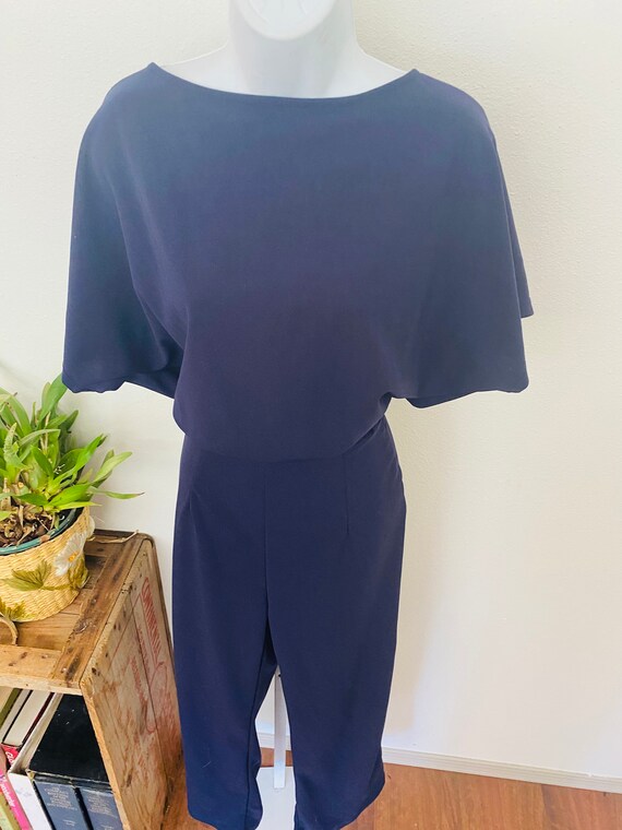 Navy Blue early 1980s jumpsuit. One piece poly ro… - image 9
