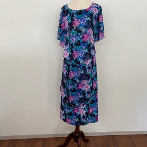 Vintage shawl collar tiered 1970s plus size midi dress. Gorgeous Florals. Blac, Purple, pink. Gorgeous flowing drapey gown