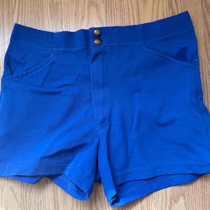 Nylon zwembroek uit de jaren 60/70. Korte zwemshort met ritssluiting. Rekbaar. Blauw. Korte herenshort. Zakken.