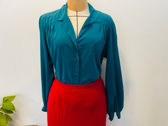 1980s Forest green colored "Liquid silk" collared… - image 4