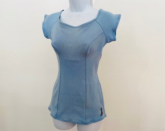 1950s size M vintage light blue Jantzen swimsuit. Helanca Nylon. Cap Sleeves.