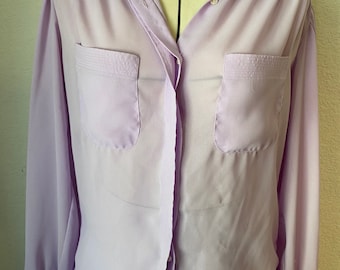 Vintage dramatic blouse.  sz L Completely sheer lilac blouse. 1980s does 1950s. Sheer poly silk feel blouse. Cool Crisp. Preppy.