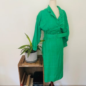 Pierre Cardin 1980s Designer Christmas Dress. Size 12. Belted. Shoulder pads. Shirtwaist midi dress. Classic styling. Grass Green silk gown