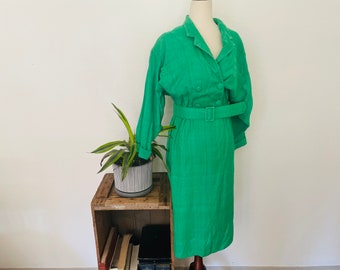 Pierre Cardin 1980s Designer Christmas Dress. Size 12. Belted. Shoulder pads. Shirtwaist midi dress. Classic styling. Grass Green silk gown
