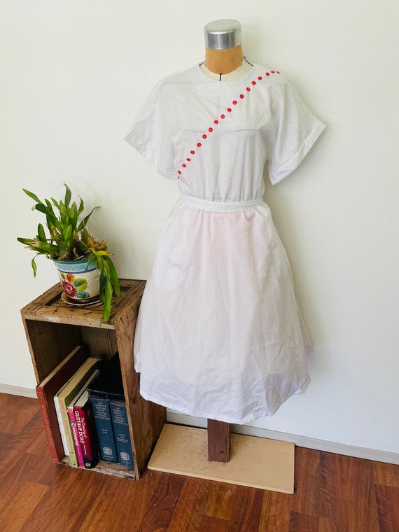 1970s Sheer White Dress with asymetrical red butto