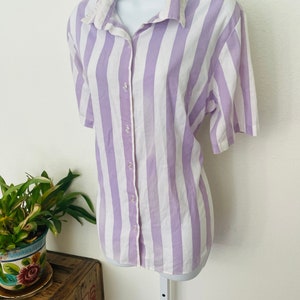 Thomas pink womens blouse 10 purple striped classic stretch button up  office