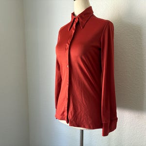May include: A rust-colored button-down shirt with long sleeves and a pointed collar. The shirt is displayed on a mannequin, showcasing its tailored fit and classic design. The fabric appears smooth and has a slight sheen.