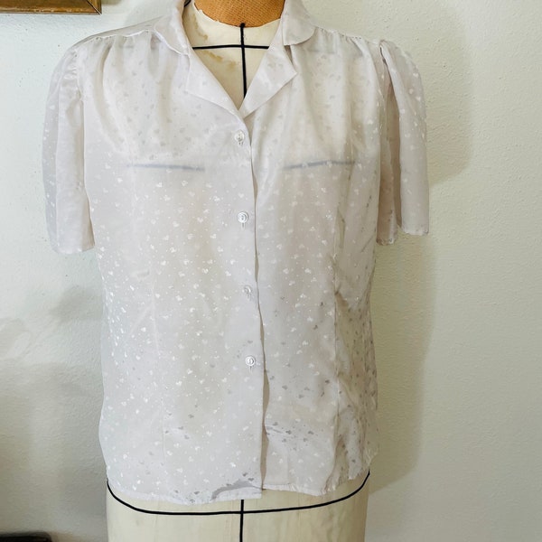 Vintage Prairie Blouse by Cabaret. Size L.  White. Textured Heart Print Fabric.  Button down Harajuku style Shirt. Bohemian. Sheer.