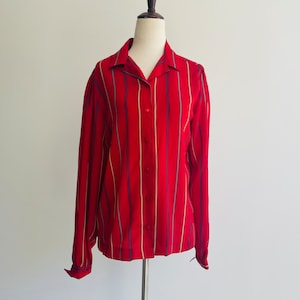 Bright colored red with yellow, blue, green stripes collared blouse. Classic 1980s shirt. Size M/L. Button down. Preppy. Old money. Classics