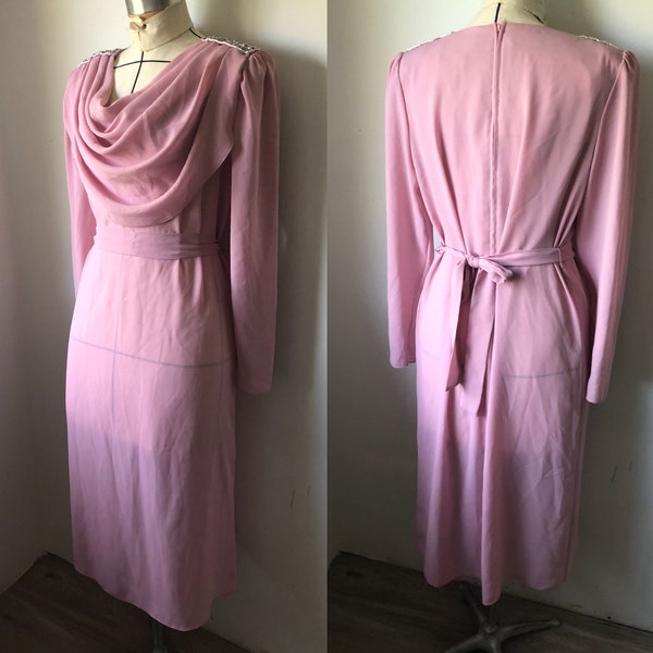 Vintage pink cowl necked midi dress. Gorgeous. Size large Pink Mister Jay Polyester Dress. 1970's. Belted. Tunic.