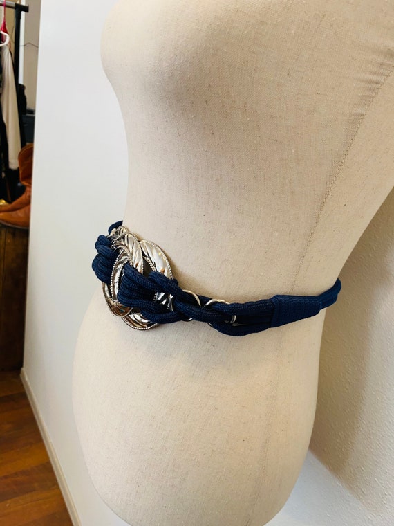 Sz M/L Unique 1980’s Braided Belt. Blue and Silve… - image 4