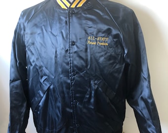 1970’s Men’s Medium Blue and yellow windbreaker sports jacket By Dunbrooke. All State Forest Products. Black/Grey. Sleek Satin Windbreaker.