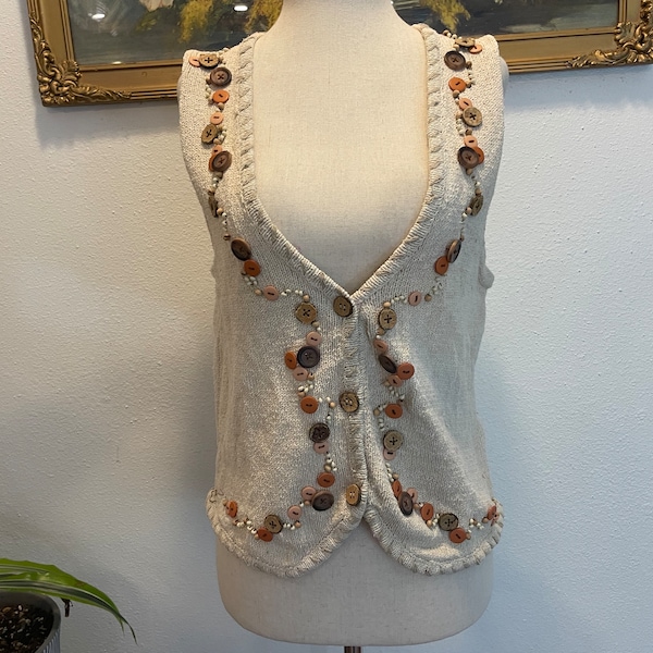 1980s silk and cotton blend cream knit vest. By Ivy. Shells and buttons.  buttons down. Size med. Granny. Academia.Cottagecore