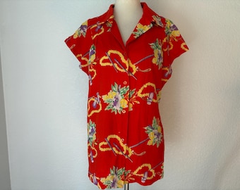 size M Women's 1970s Vintage Tiki Style Hilo Hattie Shirt. All cotton.