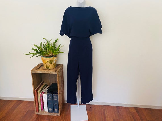 Navy Blue early 1980s jumpsuit. One piece poly ro… - image 1