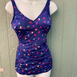 M/L 1980s does 1950s pinup swimsuit. Maxine of Hollywood. Blue. Confetti. Bullet bra look.