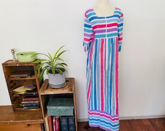 Vintage pastel rainbow striped soft sheer maxi length housedress or coverup. Cotton Blend. 70s/80s Styled by Saybury piece. Long sheer maxi