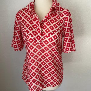 Vintage red and white printed 40&#39;s Fashion Blouse. 1930s/1940s fashion. Cotton. Handmade. Western Vibe. Geometric. Bold preppy classic piece