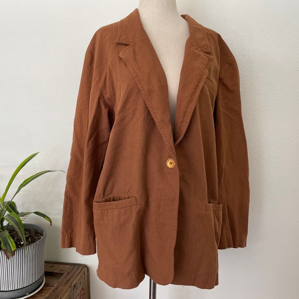 Vintage 1980s/90s oversized basic brown flax and cotton blazer with v neck and Shoulder pads.Power jacket. Sz M. Mervyn. cottagecore