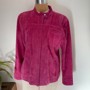 90s blush pink suede zip down jacket. Midi length mom coat. Fully lined size M early 90s bright pink lined suede coat. leather. real.