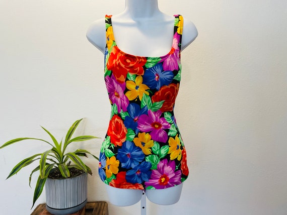 Vintage 18W 1980s "Dune Deck" Swimsuit in bold fl… - image 1