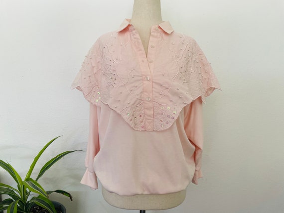 size M beaded light pink blouse 1990s Button Down… - image 1