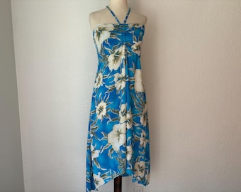 Vintage sz L 90’s Hawaiian Hangover sleeveless slip asymetrical hem dress. 100% rayon. Blue hibiscus Hawaiian Print.