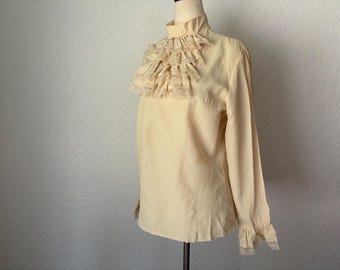 1950's Back buttoning ruffle front Victorian style pirate shirt. Beige.