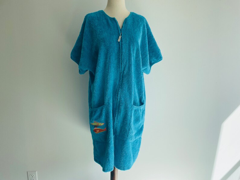 1980s Teal Chenille Robe or House Dress. Cotton. Knee Length. Fish ...