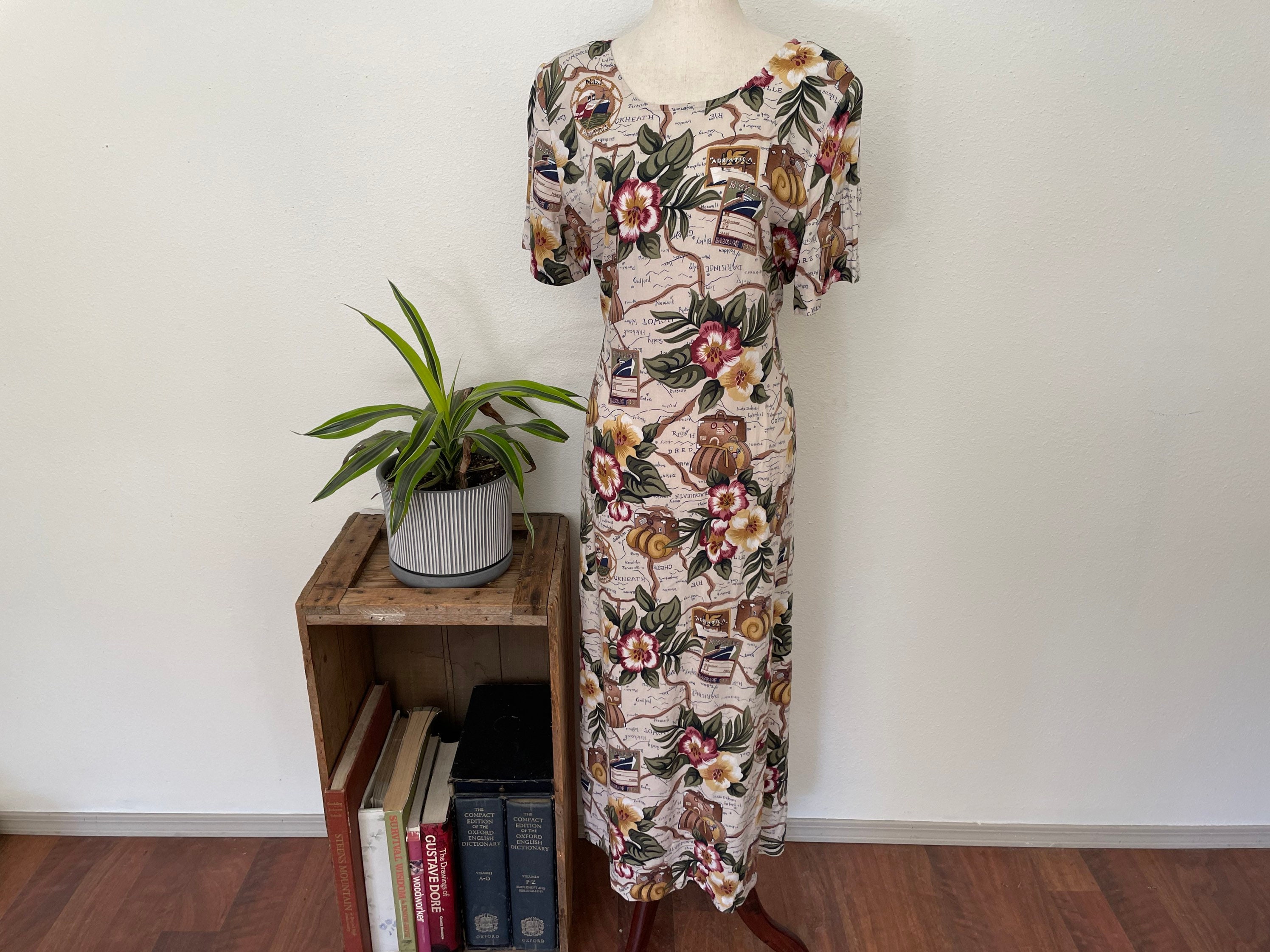 SerendipityvintageOR 90's Rayon Novelty Print Vacation Dress. Hawaii. Steamer Trunks. Teddi Brand Soft and Comfy Cottagecore Style Midi Dress. Size L Cruise Gown