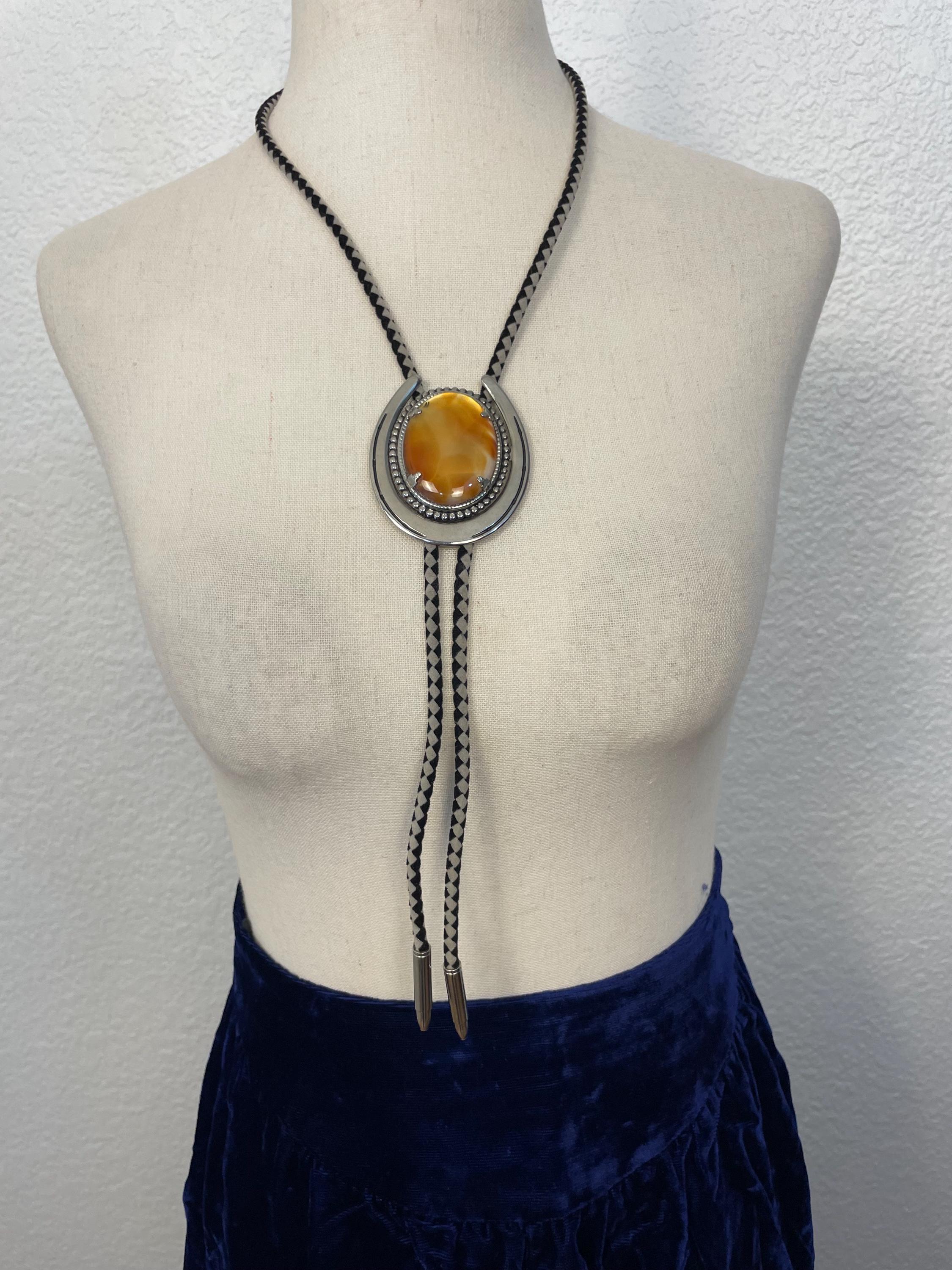Vintage Gold Plated Bolo Tie – ZA Greenstone Pendant, Genuine Leather Cord, Adjustable Slide, 39 Inch - View #4