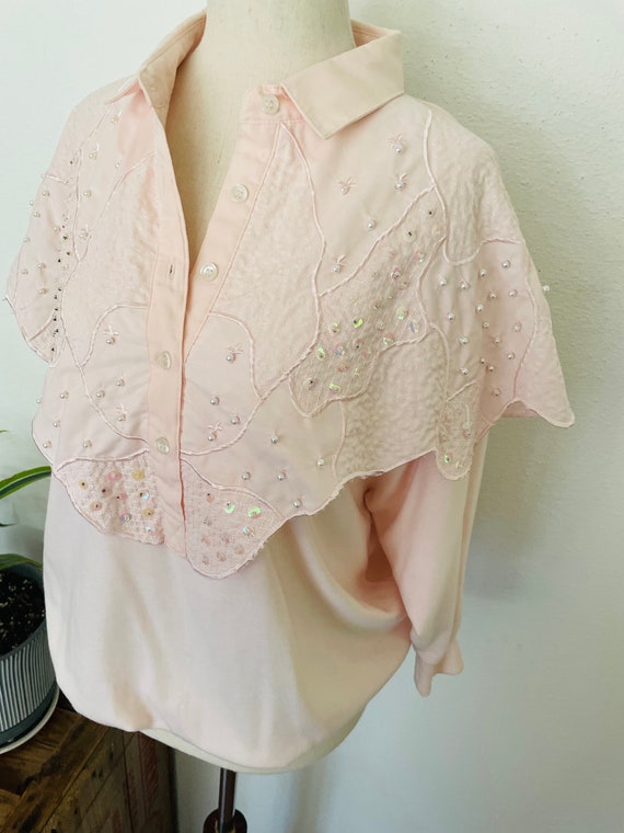 size M beaded light pink blouse 1990s Button Down… - image 6